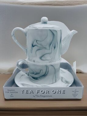 Tea For One Stacking Tea Set by Tea Emporium Marble Design Teapot Cup Saucer NIB